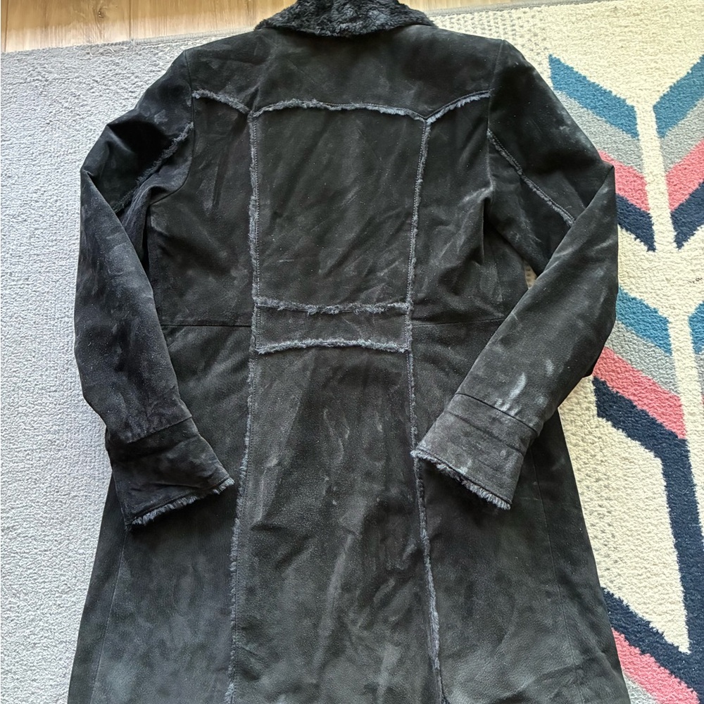 Black Shearling Trim Long Coat - Women - Picture 1 of 4